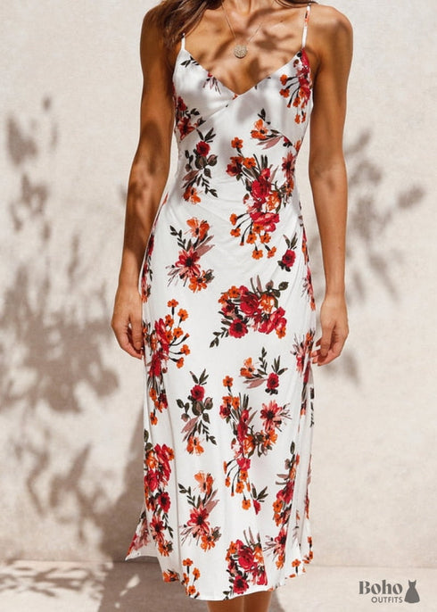 White Spaghetty Strap Boho Maxi Dress Aspen